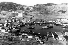004: Panorama of Red Island harbour, looking North. Bernard Mulrooney's schooner at left, the Lady Anderson center. (circa 1950) [courtesy of Betty (Carroll) Spurvey]
